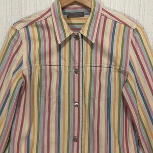 Kate Hill Petite Striped Denim Jacket Pastel Rainbow Button Front Multi-Color